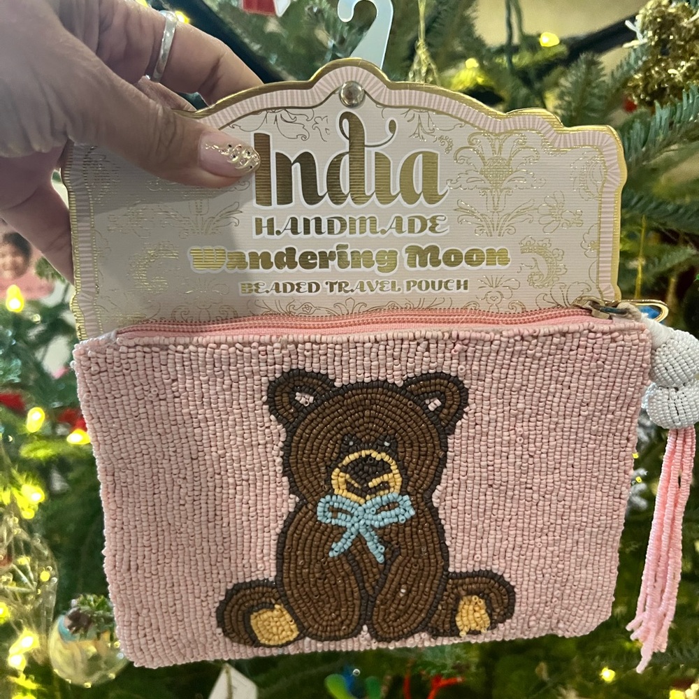 Pink Beaded Bear Pouch